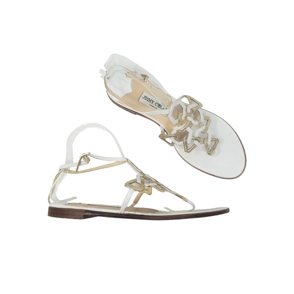 Jimmy Choo Vintage Leather Gladiator Sandals Thong Flats White Gold US 39.5